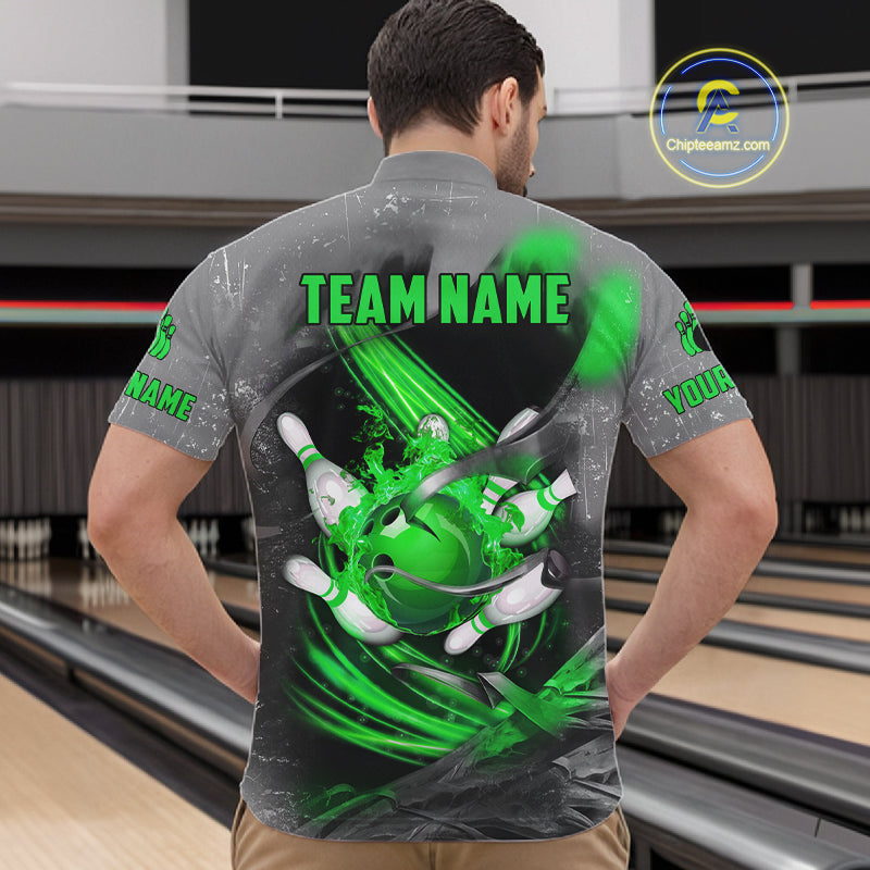 Green Sugar Skull Tattoo Custom Mens Bowling Polo, Quarter Zip Shirts,Team Bowling Jerseys NQS11529
