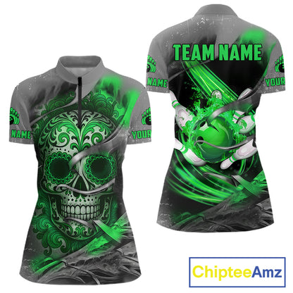 Green Sugar Skull Tattoo Custom Women Bowling Polo, Quarter Zip Shirts,Team Bowling Jerseys NQS11529
