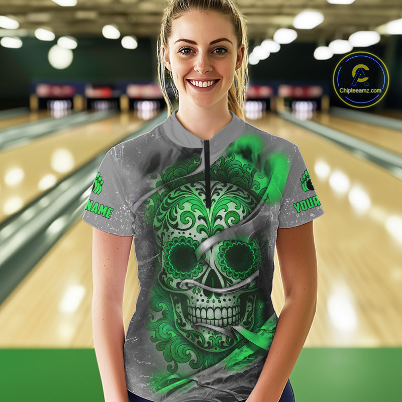 Green Sugar Skull Tattoo Custom Women Bowling Polo, Quarter Zip Shirts,Team Bowling Jerseys NQS11529