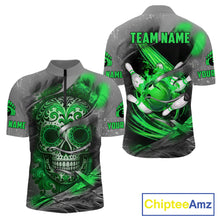 Load image into Gallery viewer, Green Sugar Skull Tattoo Custom Mens Bowling Polo, Quarter Zip Shirts,Team Bowling Jerseys NQS11529