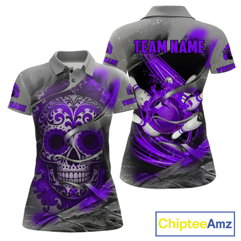 Purple Sugar Skull Tattoo Custom Women Bowling Polo, Quarter Zip Shirts,Team Bowling Jerseys NQS11530
