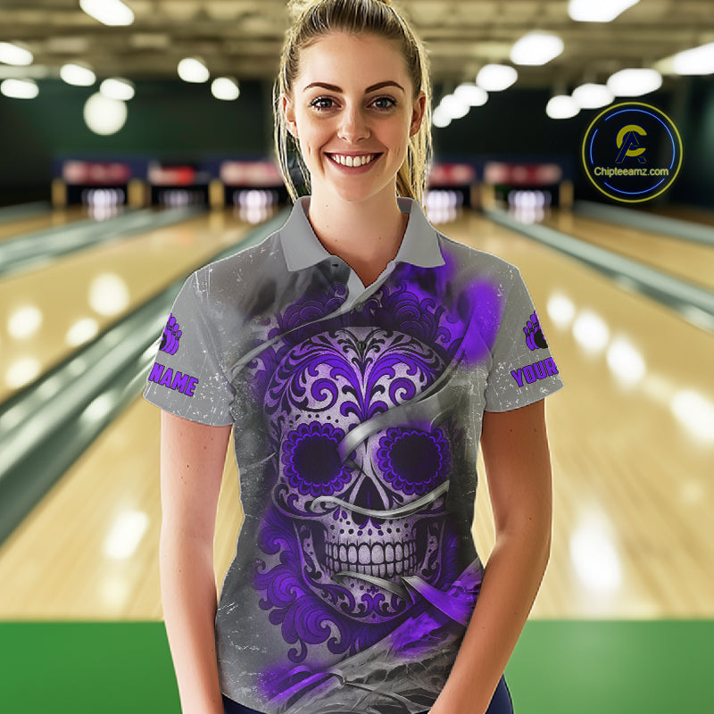 Purple Sugar Skull Tattoo Custom Women Bowling Polo, Quarter Zip Shirts,Team Bowling Jerseys NQS11530