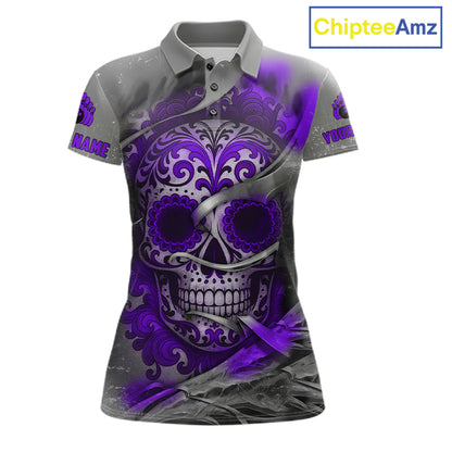 Purple Sugar Skull Tattoo Custom Women Bowling Polo, Quarter Zip Shirts,Team Bowling Jerseys NQS11530