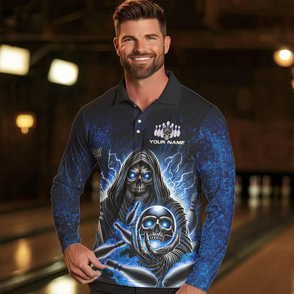 Personalized Skull Bowling Shirt For Men Custom Team Name Lightning Thunder Bowler Jerseys | Blue NQS9747