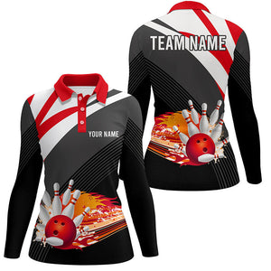 Black and red Women's Polo Bowling Shirt Custom flame bowling ball fire Team Ladies Bowlers Jerseys NQS7524