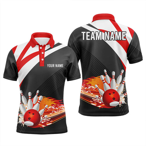 Black and red Men's Bowling polo Shirt Custom flame bowling ball fire Team Mens Bowlers Jerseys NQS7524