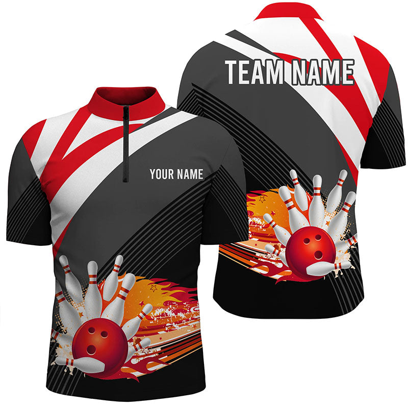 Black and red Men's Bowling Shirt Quarter-Zip Custom flame bowling ball fire Team Mens Bowlers Jerseys NQS7524