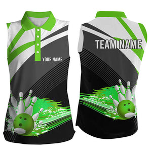 Black and Green Women's sleeveless polo Shirt Custom flame bowling ball fire Team Ladies Bowler Jersey NQS7525