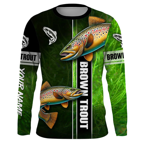 Brown trout fishing green camo Custom Long Sleeve Fishing Shirts, fishing gifts for men, women, kid NQS5808