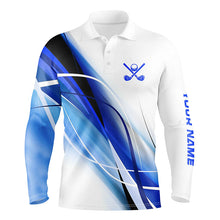 Load image into Gallery viewer, White and Blue Mens golf polo shirts custom men&#39;s golf apparel, gifts for the golfer NQS8335