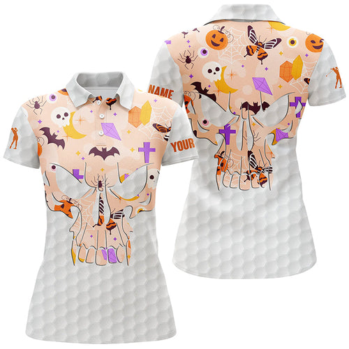 Women golf polo shirts orange Halloween pattern custom skull golf ball shirt, best ladies golf wear NQS8543