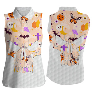 Women sleeveless polo shirt orange Halloween pattern skull golf ball shirt for women, ladies golf wear NQS8543