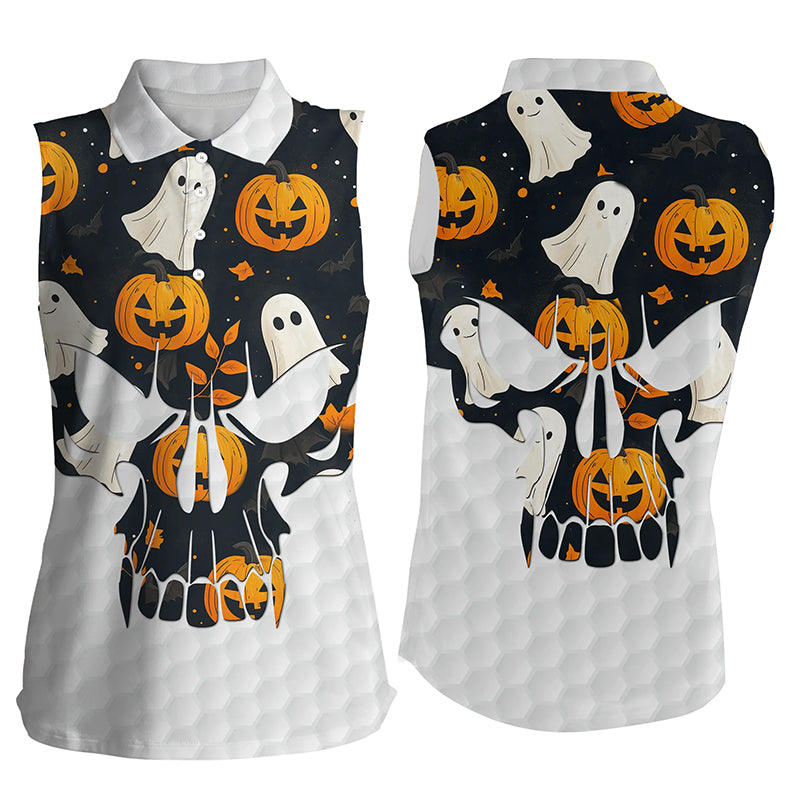 Women sleeveless polo shirt Halloween pumpkin pattern skull golf ball jerseys, ladies golf tops NQS8544