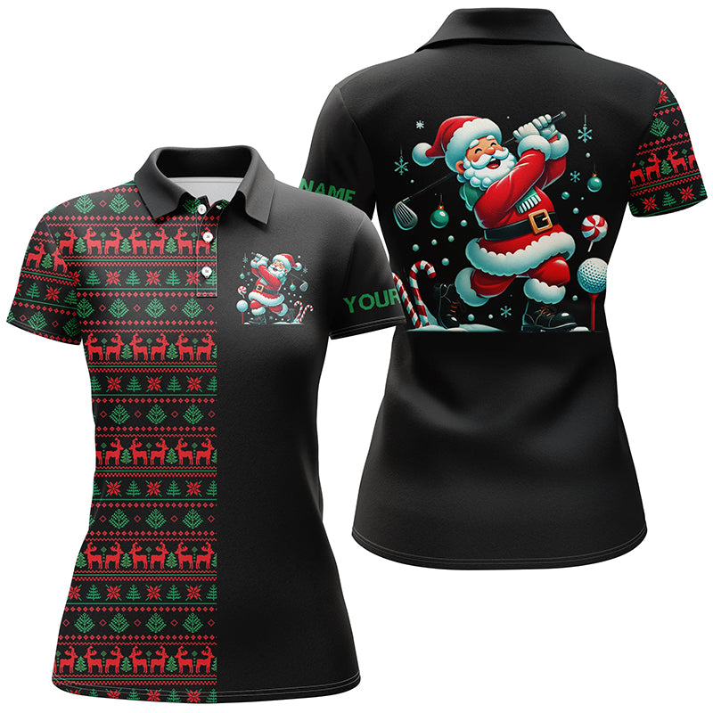 Christmas pattern black Womens golf polo shirt custom Funny Santa golfer golf attire for ladies NQS8785