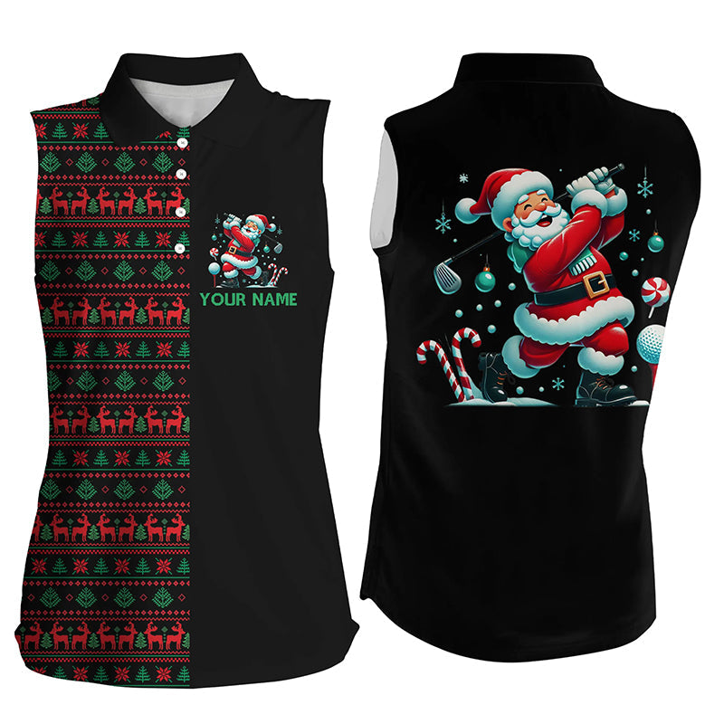 Christmas pattern black Womens sleeveless polo shirt custom Funny Santa golfer golf attire for ladies NQS8785