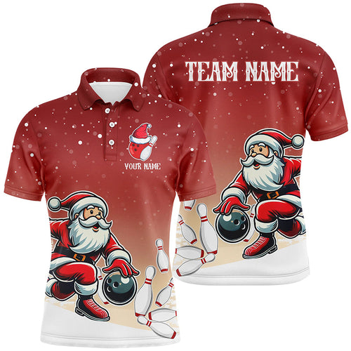 Christmas Santa Bowling Polo, Quarter Zip Shirts For Men Custom Christmas Bowling Team Jerseys | Red NQS8787