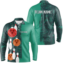 Load image into Gallery viewer, Green Christmas pattern Bowling ball pins Custom Bowling Shirts For Men Team League Jerseys Outfits NQS8790