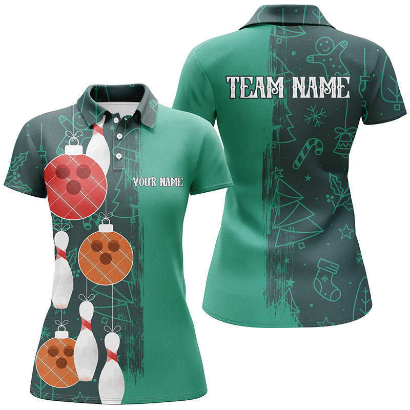 Green Christmas pattern Bowling ball pins Custom Bowling Shirts For Women Team League Jerseys Outfits NQS8790