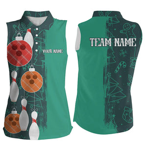 Green Christmas pattern Bowling ball pins Custom Bowling Sleeveless Polo Shirts Team League Jerseys NQS8790