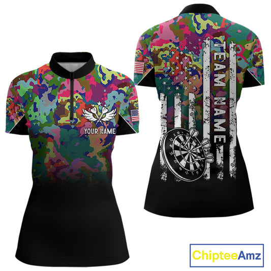Black and Colorful Camo Women Darts Shirts Custom American Flag patriotic Team Darts Jersey NQS11122
