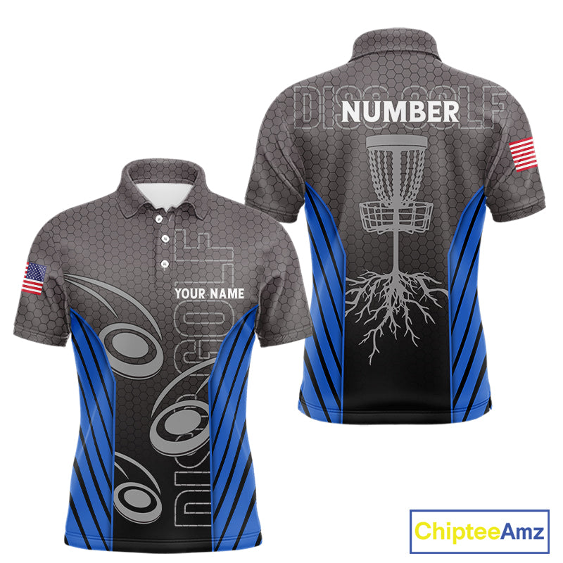 Mens disc golf polo shirt custom name, number camo disc golf jersey, mens disc golf apparel | Blue NQS11123