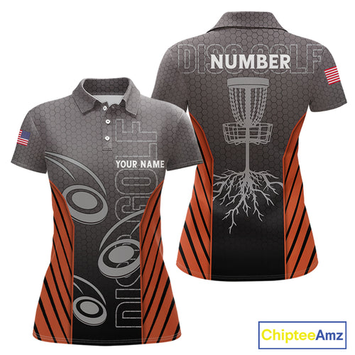 Women's disc golf polo shirt custom name, number camo disc golf jersey for ladies | Orange NQS11125
