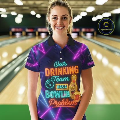 Our Drinking Team has a bowling problem Custom colorful neon funny bowling and beer shirts for Women NQS11126