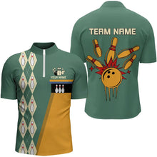 Load image into Gallery viewer, Mint Green and Yellow Retro Bowling Polo, Quarter Zip shirt for men Custom vintage team bowling jersey NQS9262