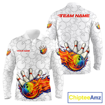 Colorful rainbow flame Bowling Polo, 1/4 zip Shirt For Men Custom white camo Bowling Team jerseys NQS11319