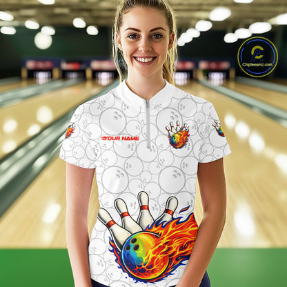 Colorful rainbow flame Bowling Polo, 1/4 zip Shirt For Women Custom white camo Bowling Team jerseys NQS11319