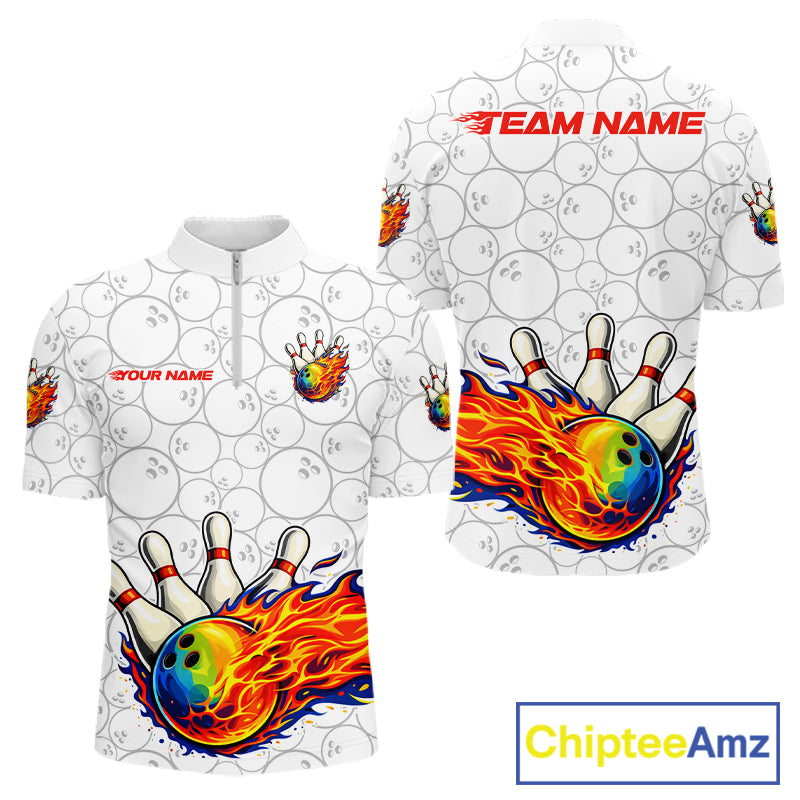 Colorful rainbow flame Bowling Polo, 1/4 zip Shirt For Men Custom white camo Bowling Team jerseys NQS11319
