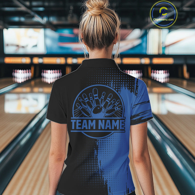 Black and Blue Bowling Polo, Quarter Zip Shirt For Women Custom Team Bowling jerseys NQS11320