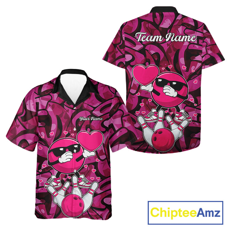 Funny Bowling heart pink graffiti pattern Valentine Bowling Hawaiian shirt Custom Bowling Outfits NQS11322