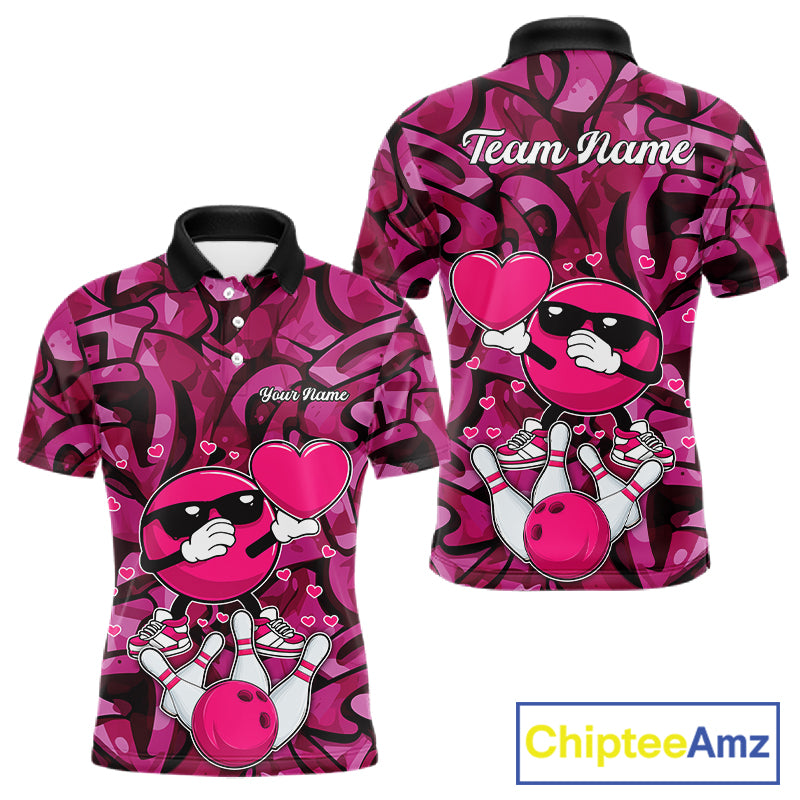 Funny Bowling heart pink graffiti pattern Valentine Mens Bowling Shirts Custom Couple Bowling Outfits NQS11322