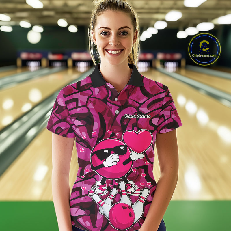 Funny Bowling heart pink graffiti pattern Valentine Women Bowling Shirt Custom Couple Bowling Outfits NQS11322