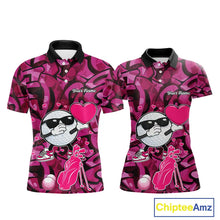 Load image into Gallery viewer, Funny Golf ball heart pink graffiti pattern Custom Valentine matching golf polo shirts for couples NQS11323