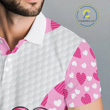 Load image into Gallery viewer, Personalized funny golf ball pink heart pattern white Mens golf polo shirts, Valentine golf gifts NQS11324