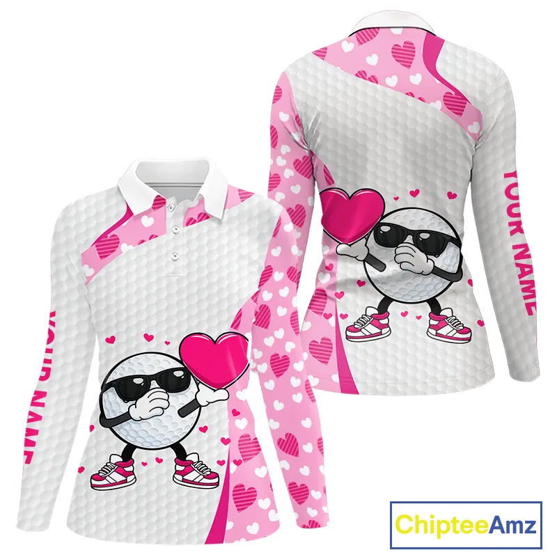 Personalized funny golf ball pink heart pattern white Womens golf polo shirts, Valentine golf gifts NQS11324
