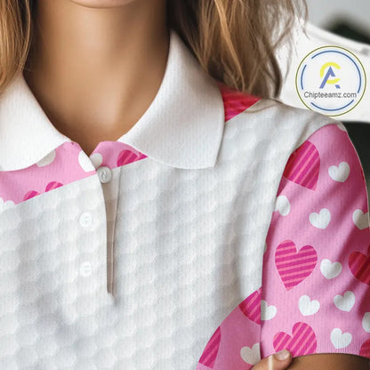 Personalized funny golf ball pink heart pattern white Womens golf polo shirts, Valentine golf gifts NQS11324