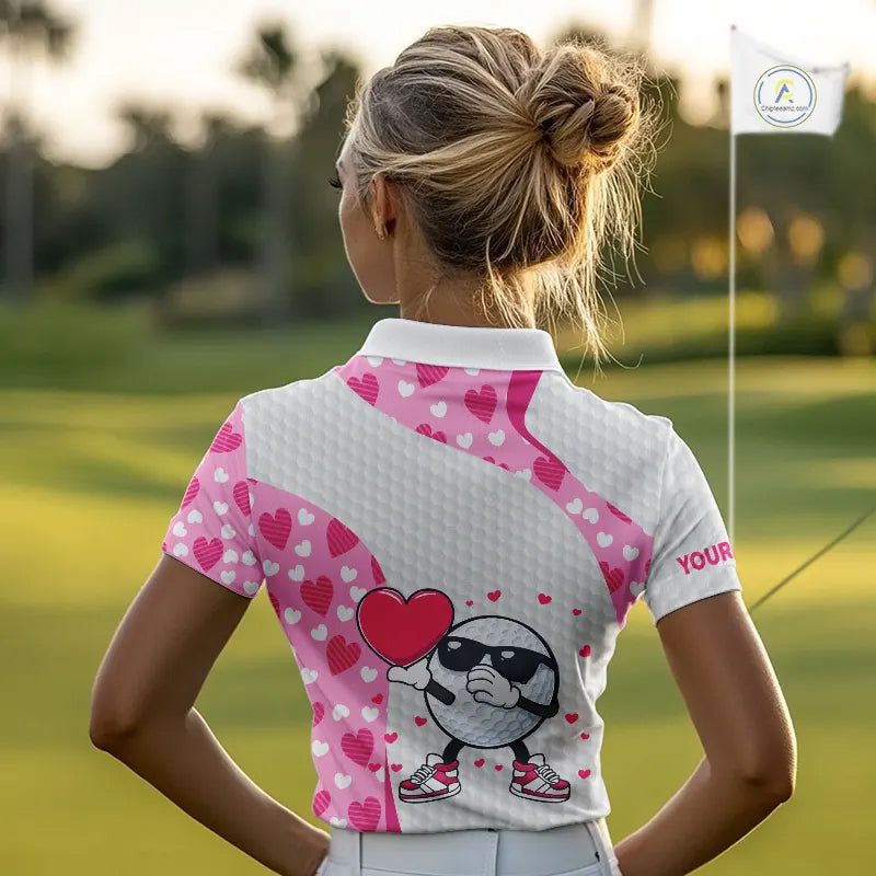 Personalized funny golf ball pink heart pattern white Womens golf polo shirts, Valentine golf gifts NQS11324