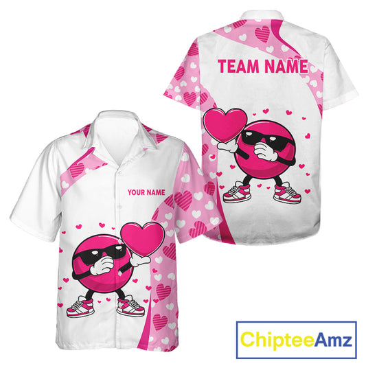 Custom funny bowling ball pink heart pattern white Bowling Hawaiian shirt, Valentine bowling gifts NQS11325