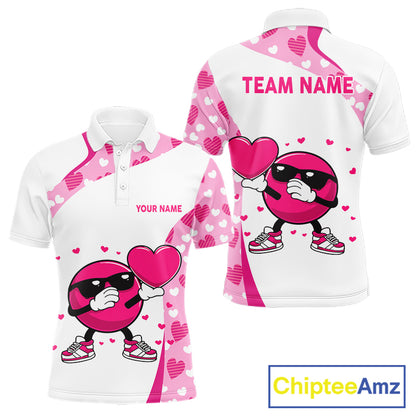 Personalized funny bowling ball pink heart pattern white Mens bowling shirts, Valentine bowling gifts NQS11325