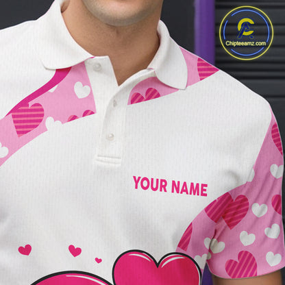 Personalized funny bowling ball pink heart pattern white Mens bowling shirts, Valentine bowling gifts NQS11325
