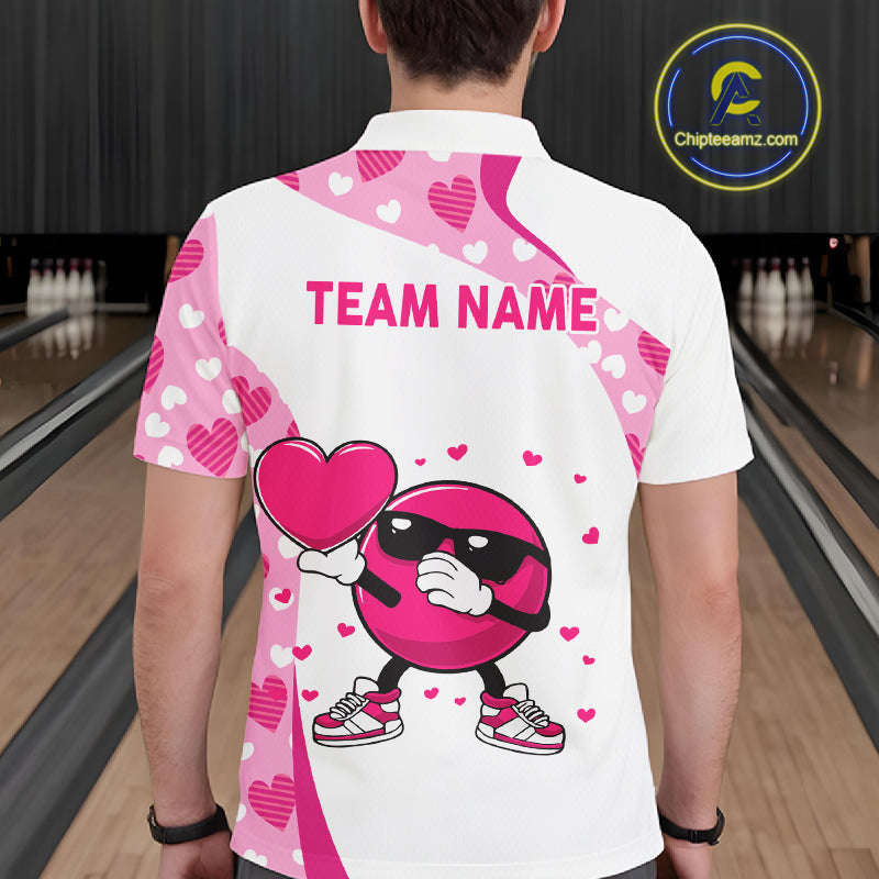 Personalized funny bowling ball pink heart pattern white Mens bowling shirts, Valentine bowling gifts NQS11325