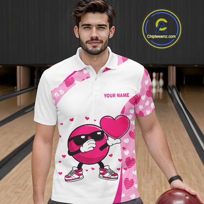 Personalized funny bowling ball pink heart pattern white Mens bowling shirts, Valentine bowling gifts NQS11325