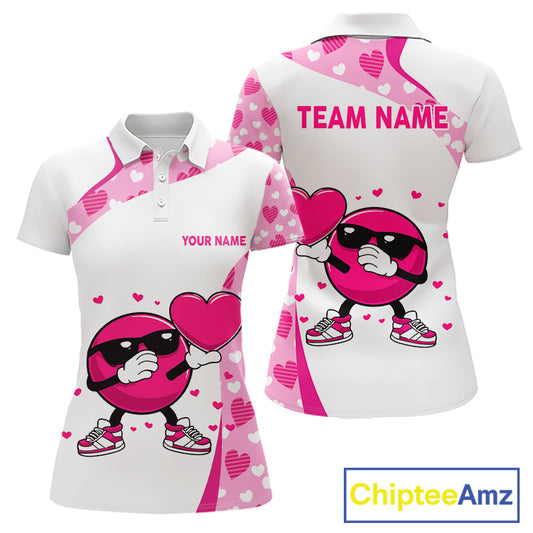Personalized funny bowling ball pink heart pattern white Women bowling shirts, Valentine bowling gift NQS11325
