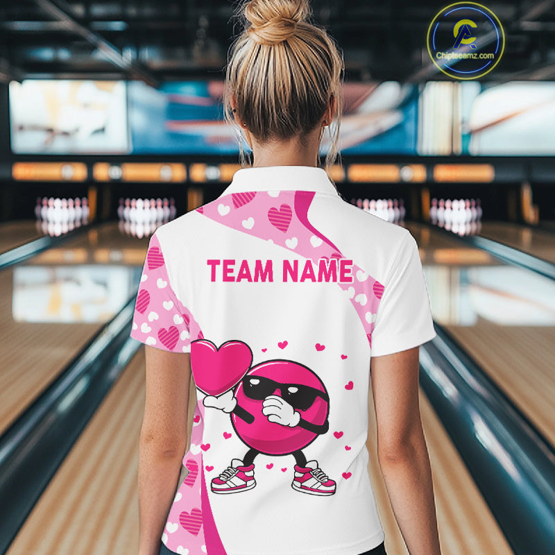 Personalized funny bowling ball pink heart pattern white Women bowling shirts, Valentine bowling gift NQS11325