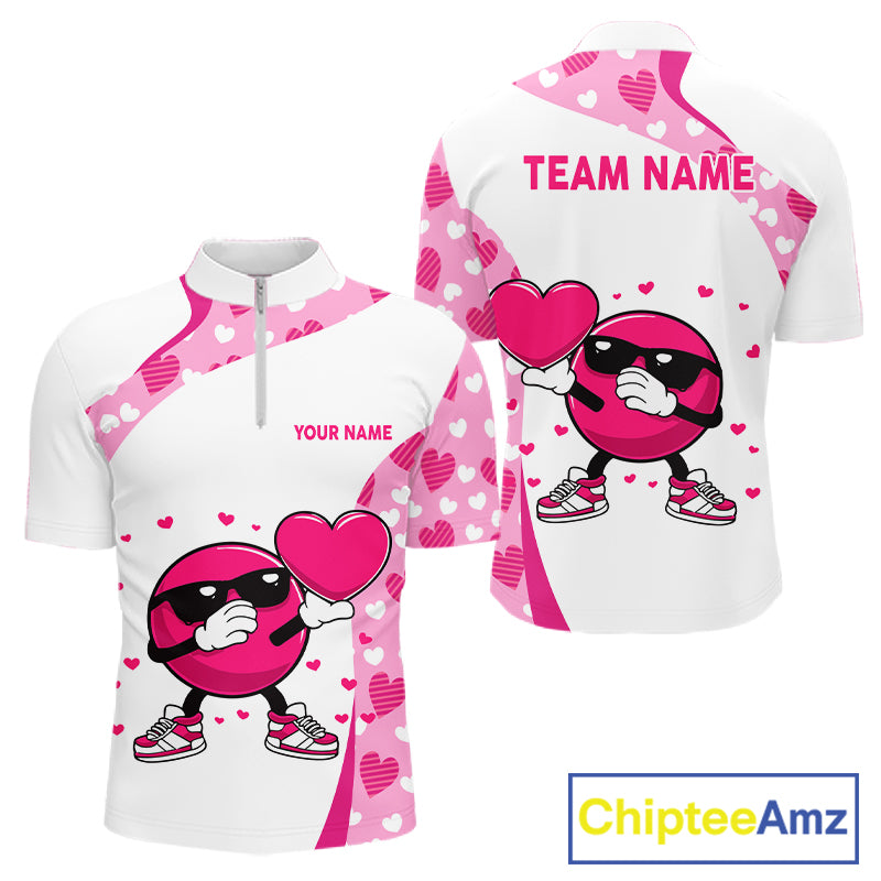Personalized funny bowling ball pink heart pattern white Mens bowling shirts, Valentine bowling gifts NQS11325