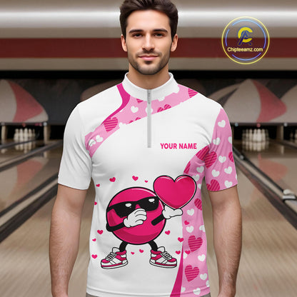 Personalized funny bowling ball pink heart pattern white Mens bowling shirts, Valentine bowling gifts NQS11325