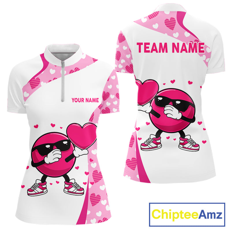 Custom funny bowling ball pink heart pattern matching bowling shirts for couples, Valentine gifts NQS11325